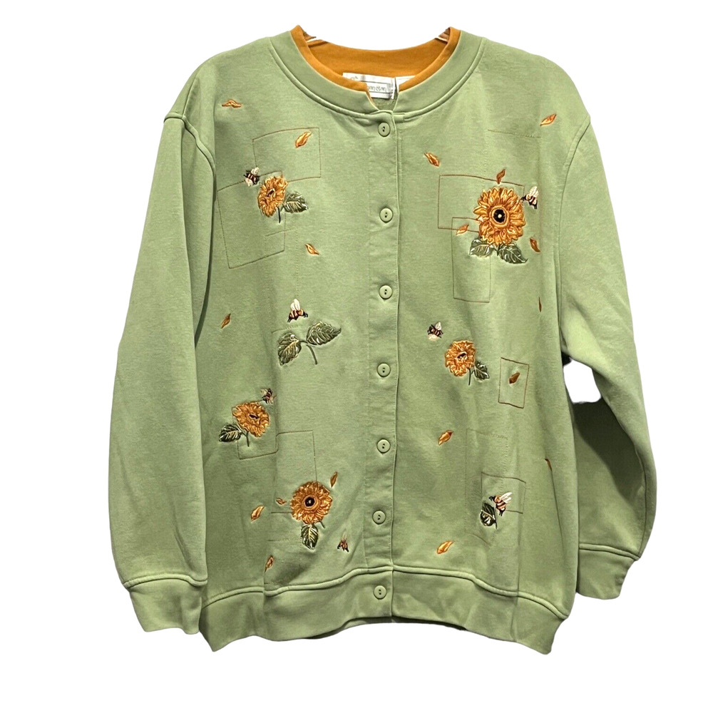 Sunflower Bee Cardigan Sweatshirt Women Size 1X Extra Shenanigans Vintage Granny
